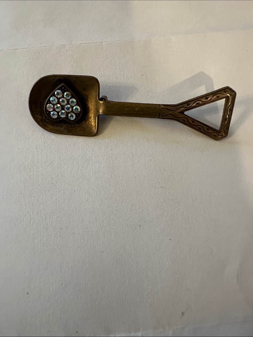 Vintage Brass brooch Mini Shovel Trinket Spoon with Heart Rhinestones of